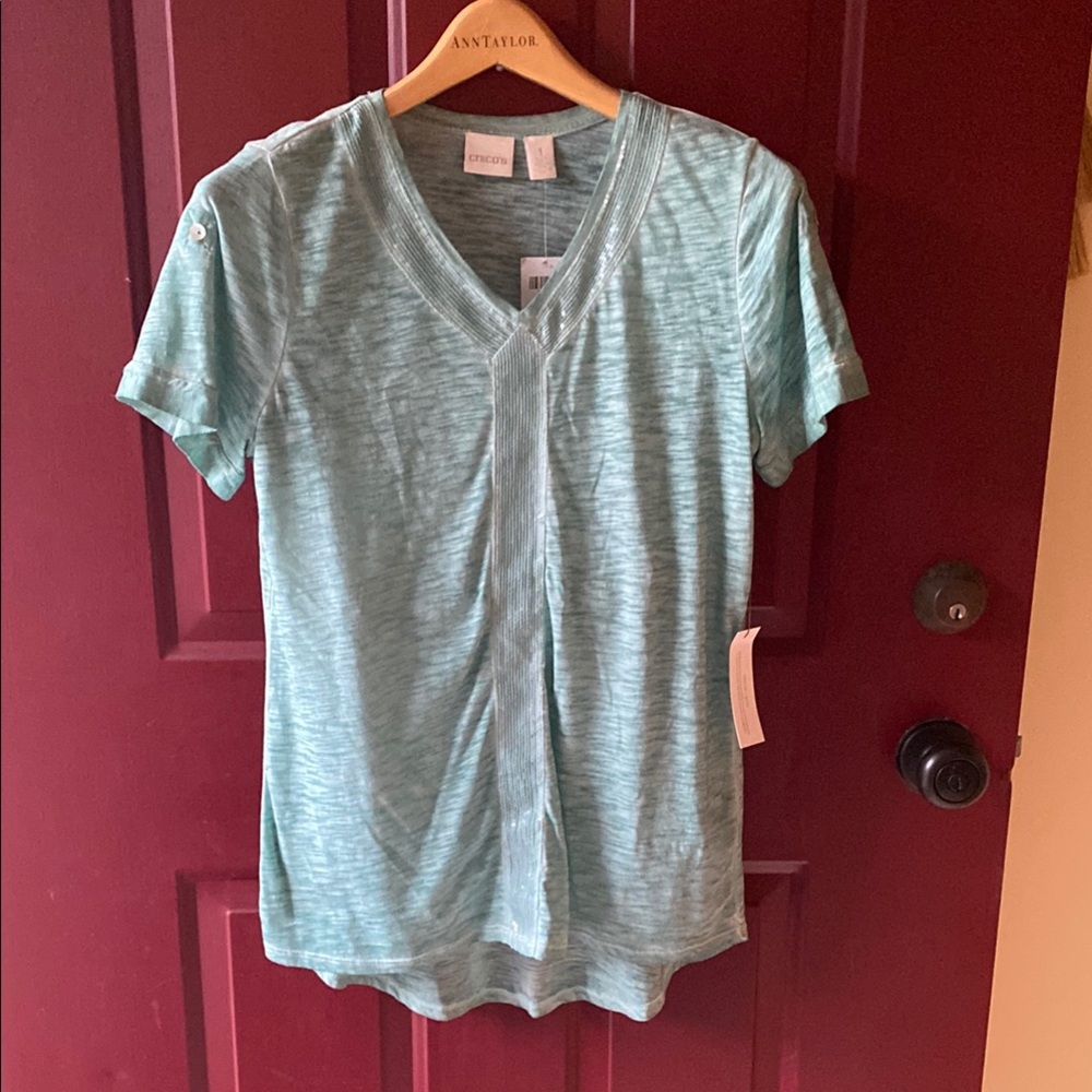 Chico's Aqua V-Neck Tee with Sequin Detail